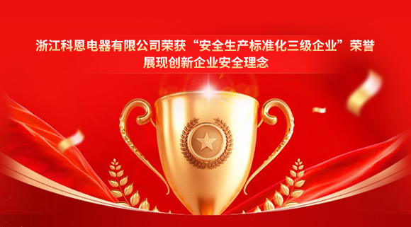 浙江科恩電器有限公司榮獲“安全生產(chǎn)標(biāo)準(zhǔn)化三級(jí)企業(yè)”榮譽(yù)，展現(xiàn)創(chuàng)新企業(yè)安全理念！
